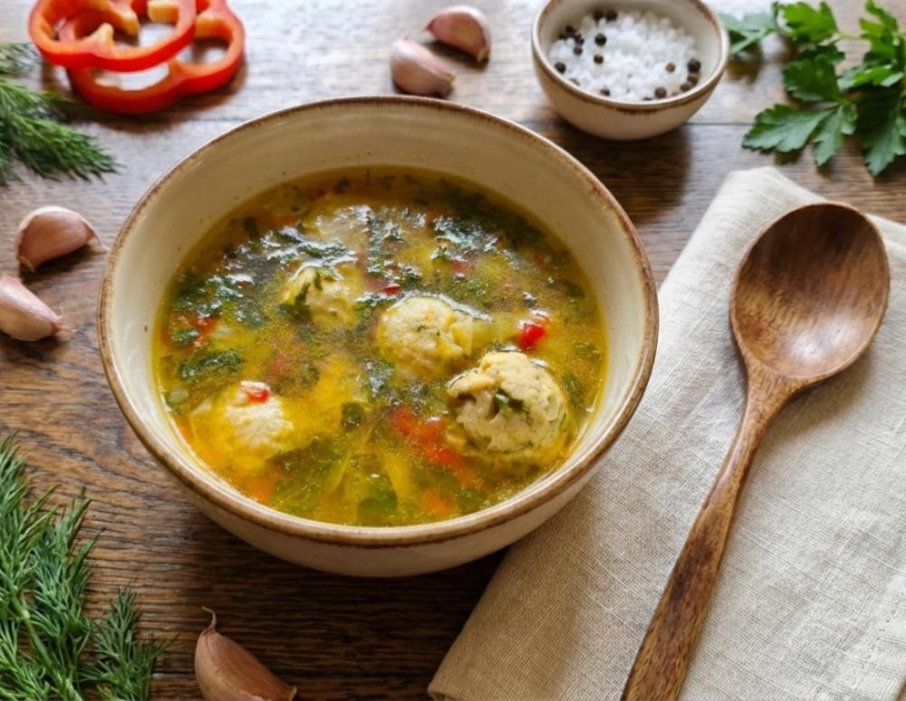 Домашний суп с фрикадельками, болгарским перцем и зеленью