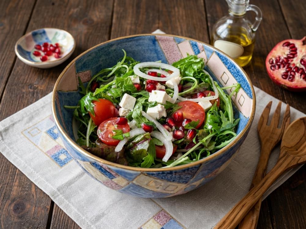 Салат с рукколой, фетой, черри и гранатом