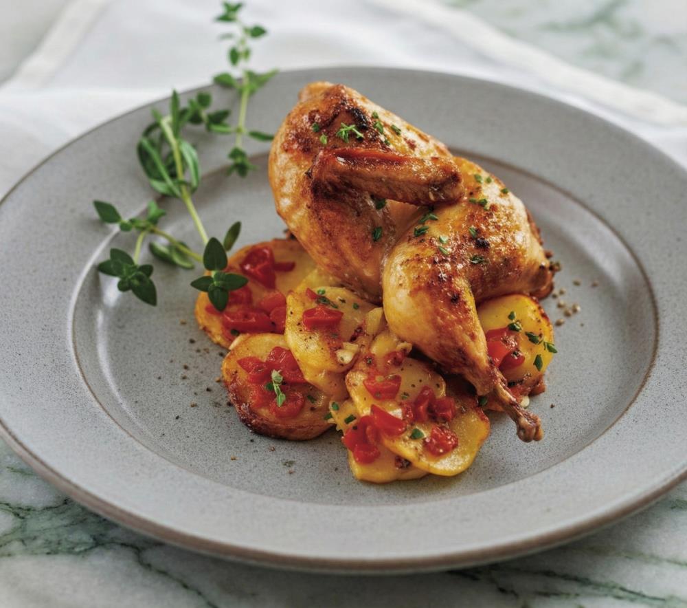 Запечённые цыплята с картофельным гарниром и томатной сальсой