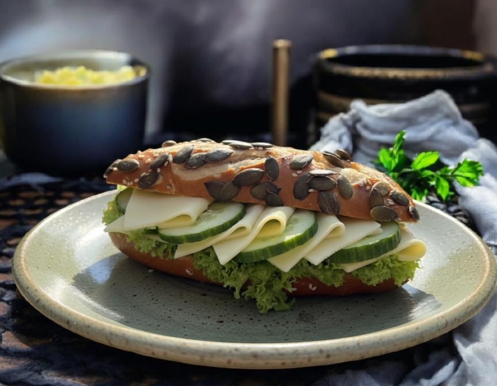 Пикантный сытный завтрак в булочке с овощами и сыром