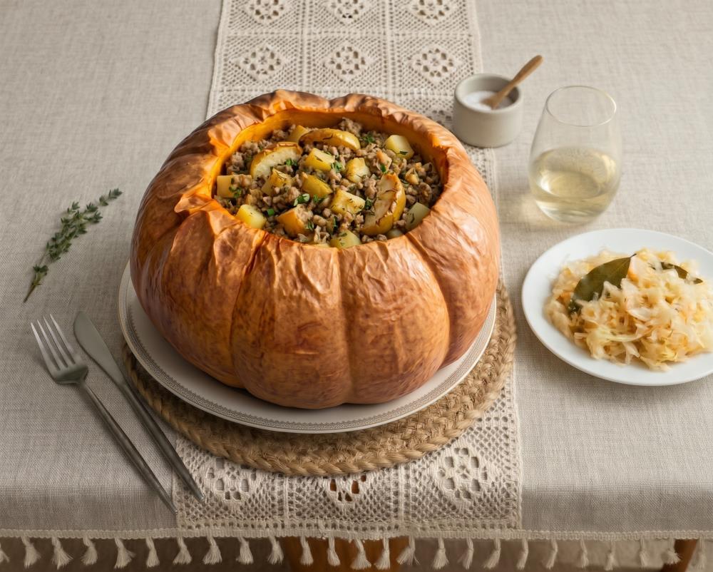 Фаршированная тыква с говядиной, гречкой и картофелем