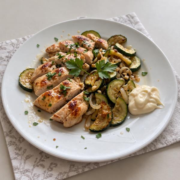 Куриное филе с цуккини, луком и чесноком на сковороде