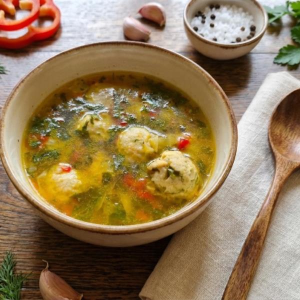 Домашний суп с фрикадельками, болгарским перцем и зеленью