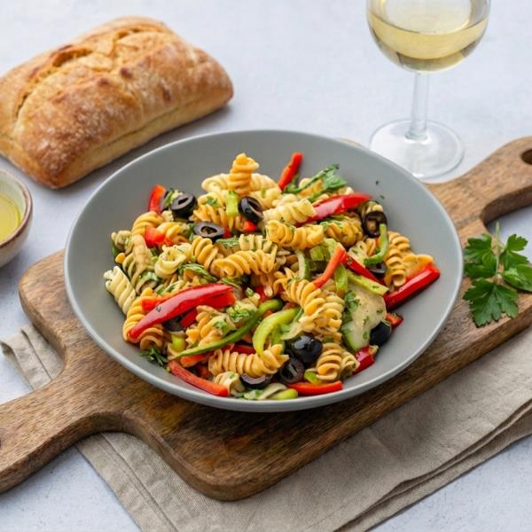 Освежающий салат из пасты с овощами и песто