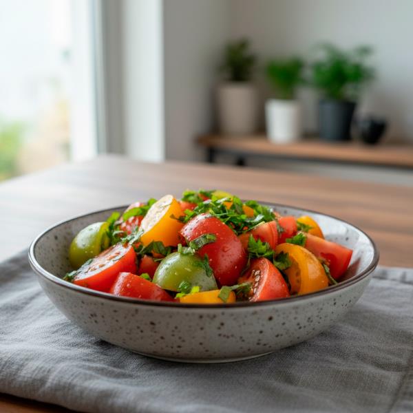 Салат из разноцветных свежих томатов с зеленью