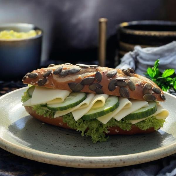 Пикантный сытный завтрак в булочке с овощами и сыром